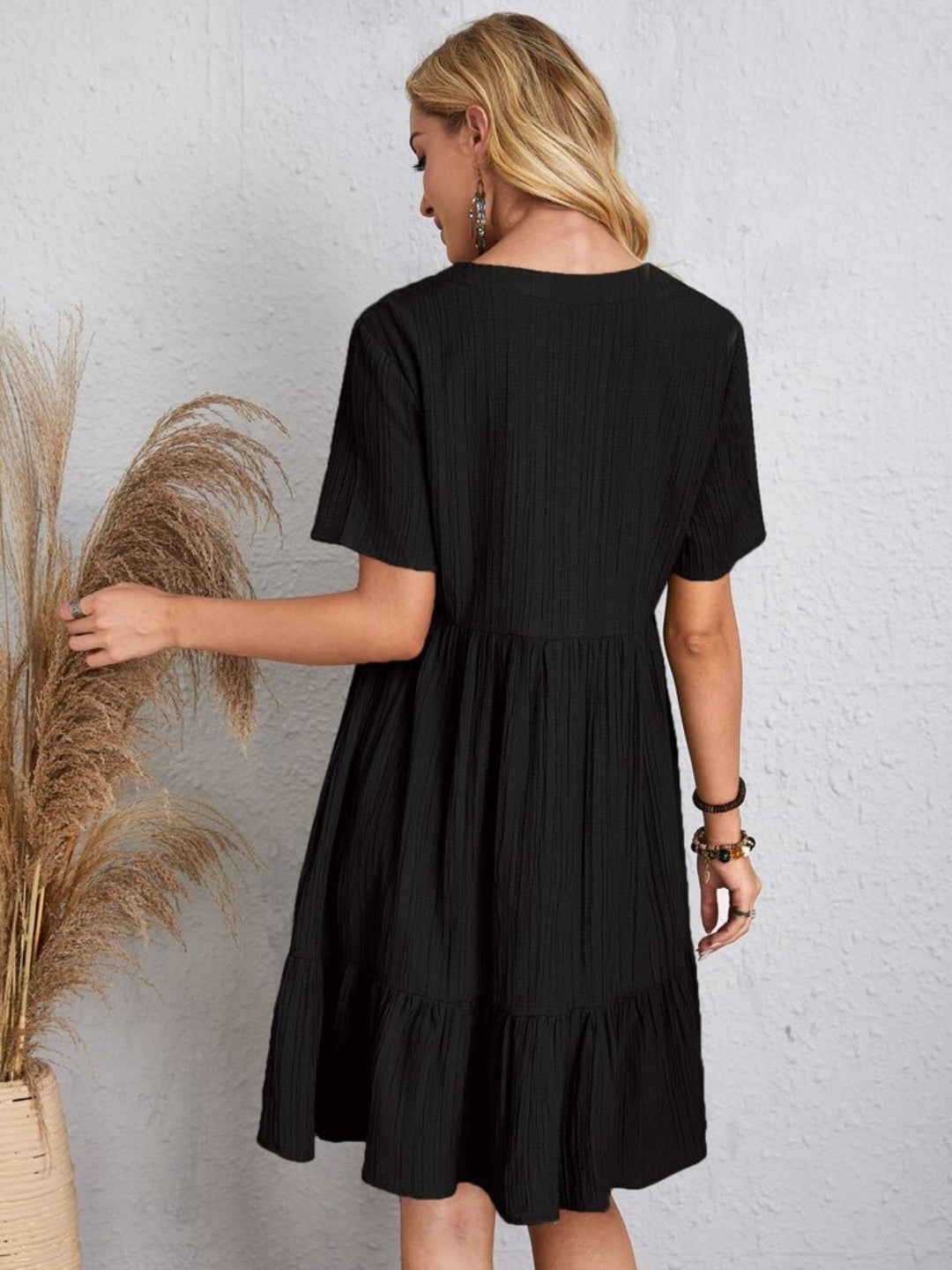 Belinda - Textured V Neck Tiered Mini Dress