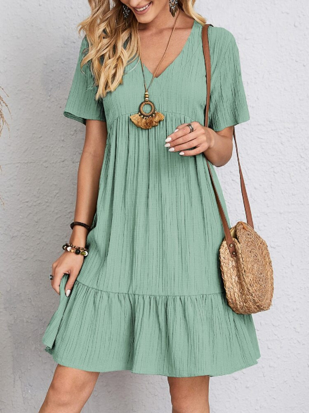 Belinda - Textured V Neck Tiered Mini Dress