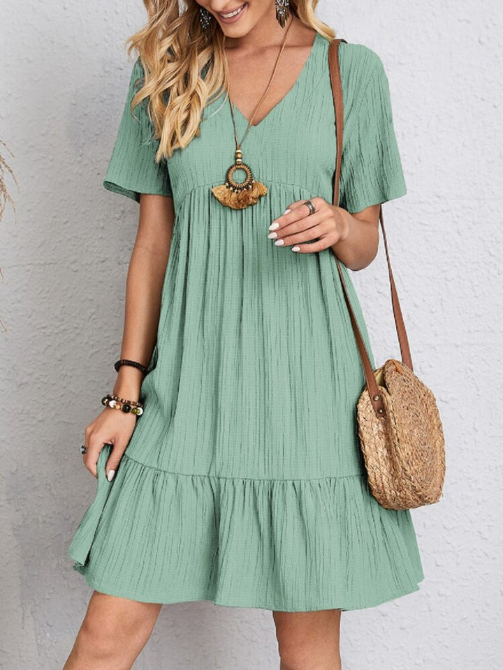 Belinda - Textured V Neck Tiered Mini Dress