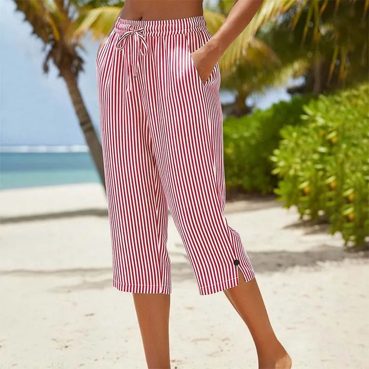 Roselina - Striped Drawstring Capri Trousers