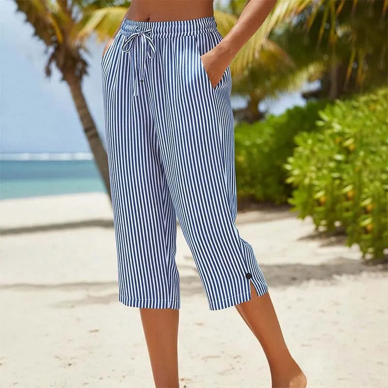 Roselina - Striped Drawstring Capri Trousers