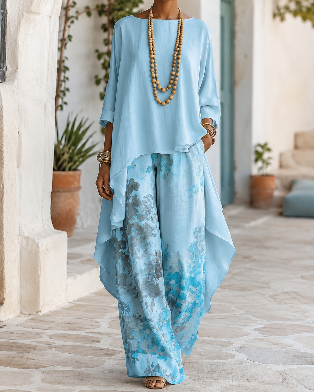 Anwyn - Layered Chiffon Top And Wide Leg Trousers Set