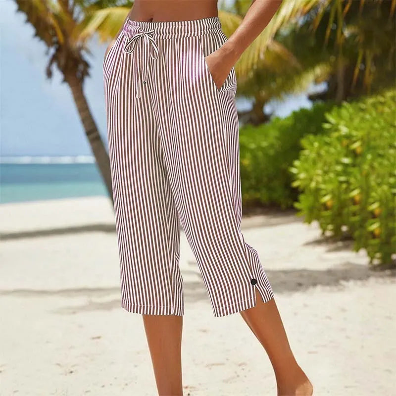 Roselina - Striped Drawstring Capri Trousers