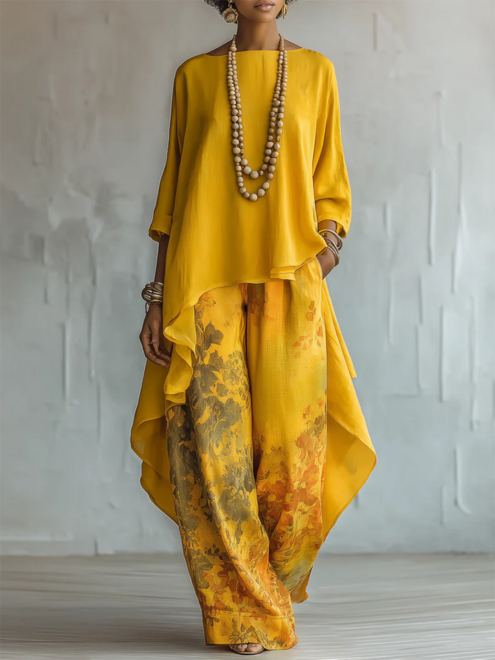Anwyn - Layered Chiffon Top And Wide Leg Trousers Set