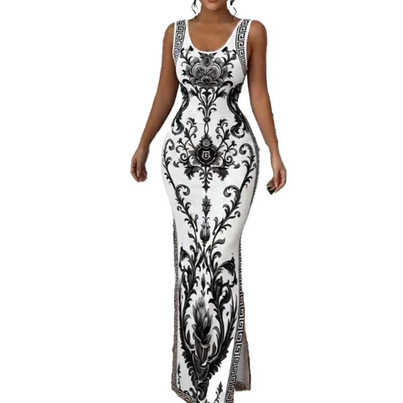 Marcella - Porcelain Print Side Slit Maxi Dress